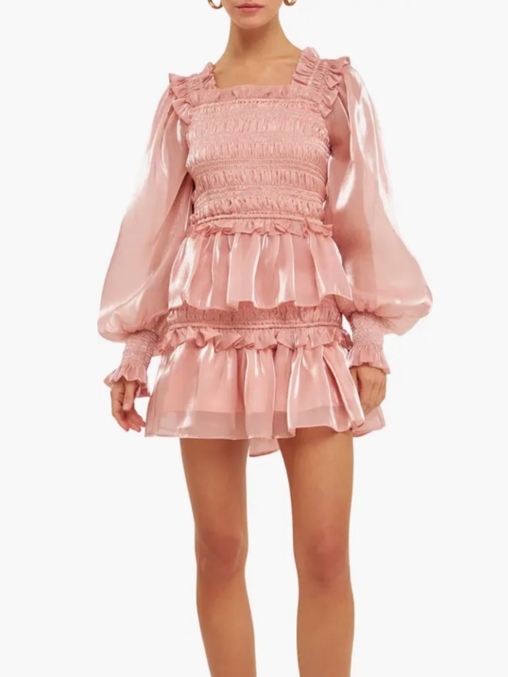 Endless Rose Metallic Sheen Long Sleeve Ruffle Minidress